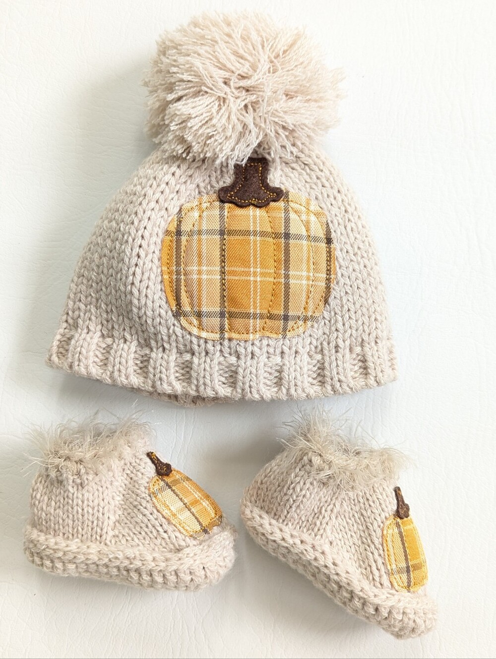 Little Me Harvest Fall Pumpkin Baby Knit Beanie & Booties Set Beige 0-6M Unisex
